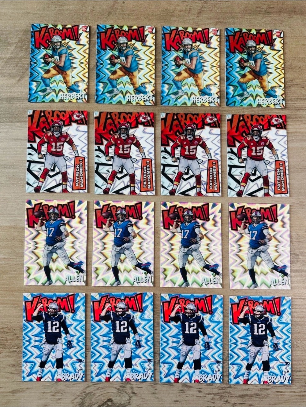 Lot of (16) NFL Panini Kaboom Brady, Mahomes, Allen, Herbert Novelty Cards.